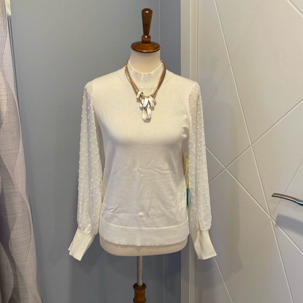 CeCe white cotton blend sweater with sheer sleeves